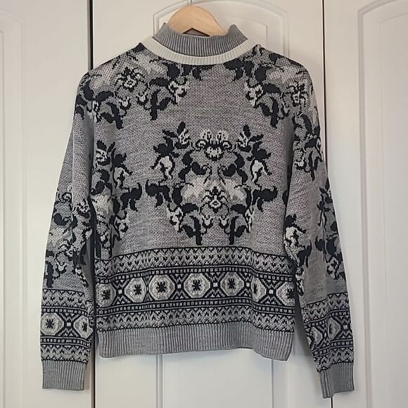 Diane VonFurstenberg Sweater Ski Double Mock Neck Knit Floral Gray Black Sz. S/M - Picture 1 of 10